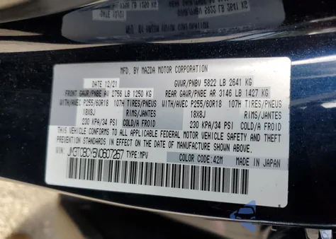 2022 Mazda Cx-9 Touring z USA, uszkodzony, nr VIN JM3TCBCY5N0607267